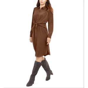 Alfani Women's Tie Long Sleeve Collared Below the Knee Shirt Dress Brown 10